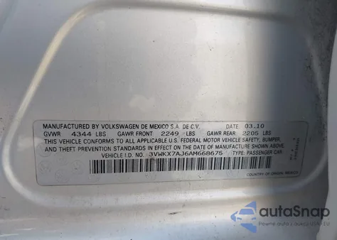 2010 Volkswagen Jetta S из США, поврежденный, VIN 3VWKX7AJ6AM668675